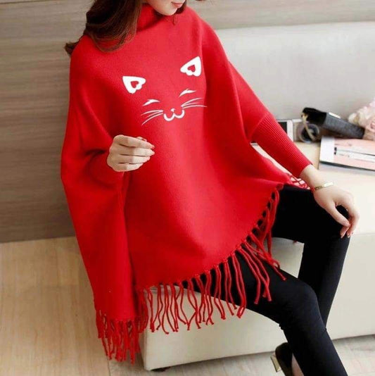 CAT PRINTED PONCHO - RED