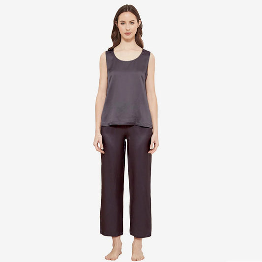 SILK TOP & PAJAMA SET - CHARCOAL PURPLE