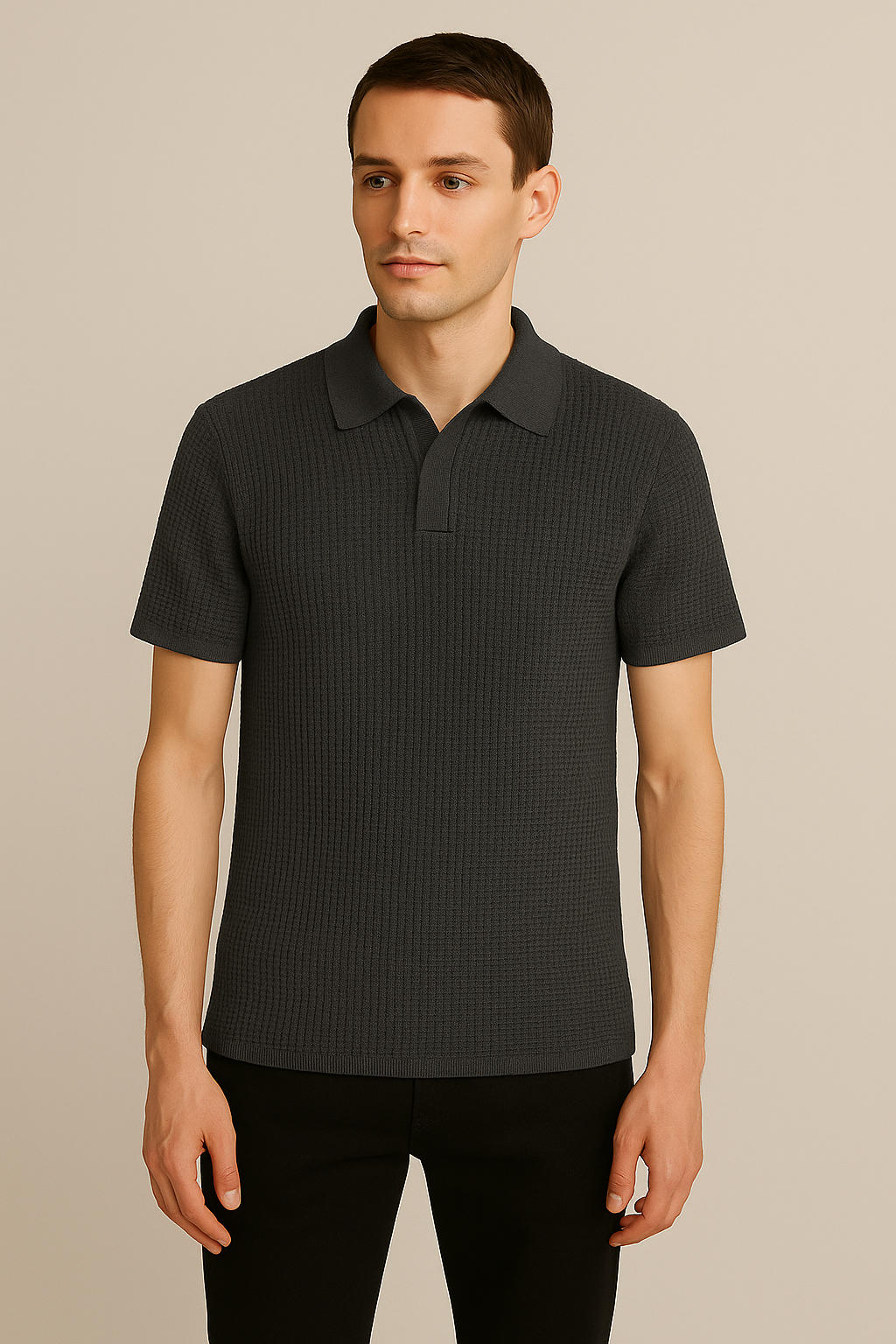 WAFFLE KNITTED POLO - CHARCOAL