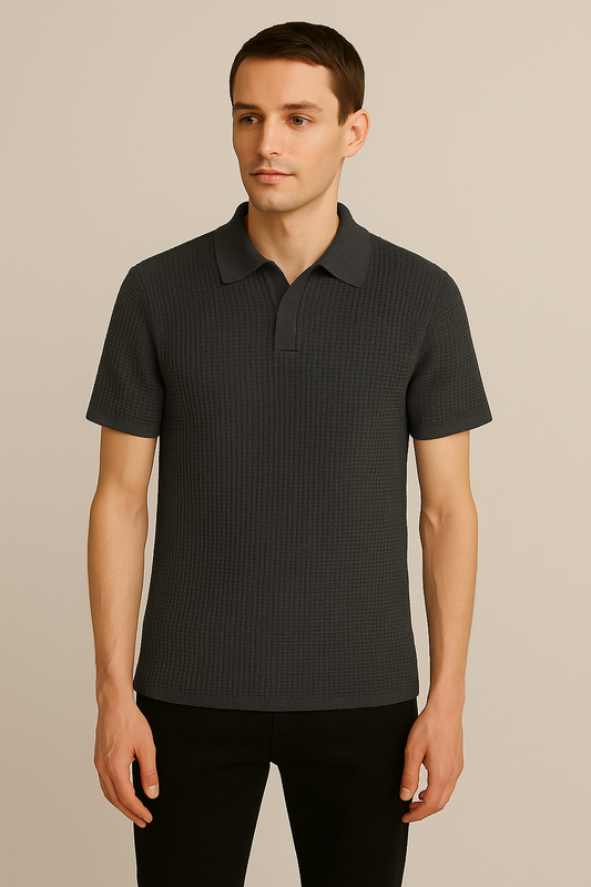 WAFFLE KNITTED POLO - CHARCOAL