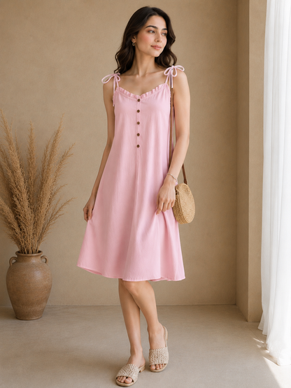 Soft Linen Tie-Shoulder Button Front Maxi Knee Length Dress SBS-5