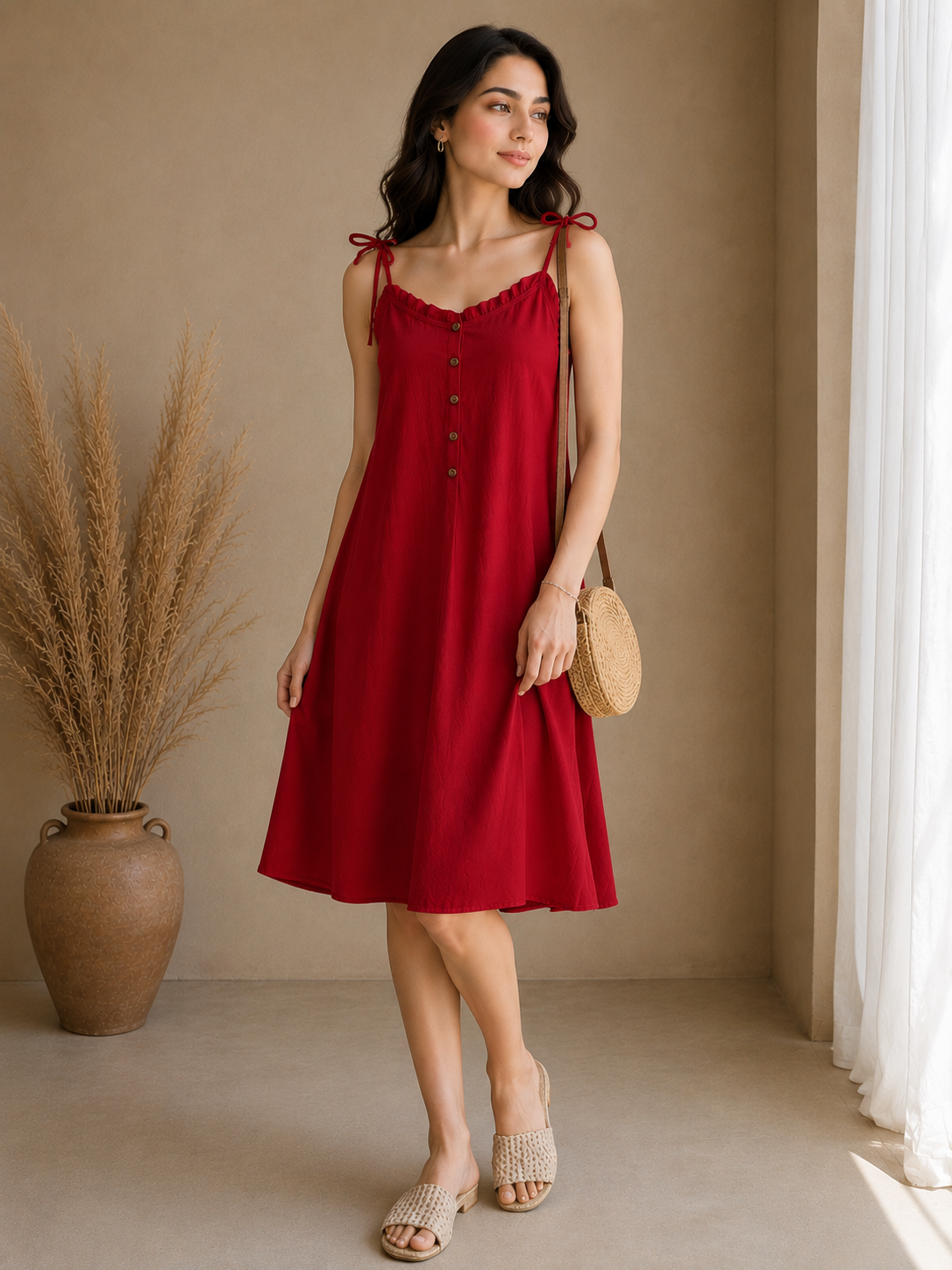 Soft Linen Tie-Shoulder Button Front Maxi Knee Length Dress SBS-5