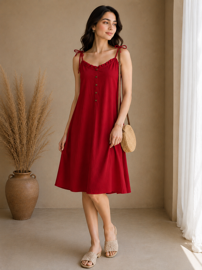 Soft Linen Tie-Shoulder Button Front Maxi Knee Length Dress SBS-5