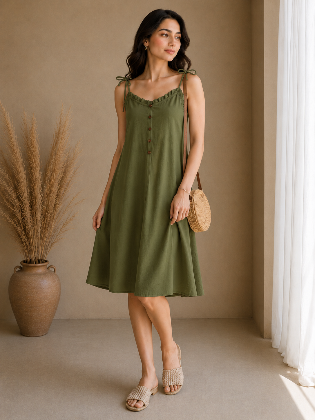 Soft Linen Tie-Shoulder Button Front Maxi Knee Length Dress SBS-5