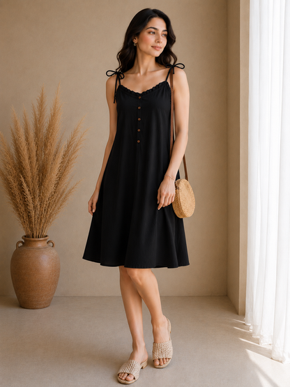 Soft Linen Tie-Shoulder Button Front Maxi Knee Length Dress SBS-5