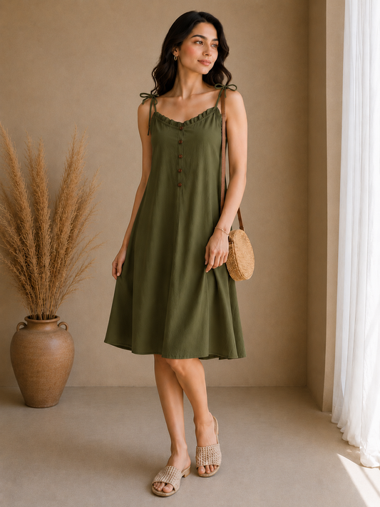 Soft Linen Tie-Shoulder Button Front Maxi Knee Length Dress SBS-5