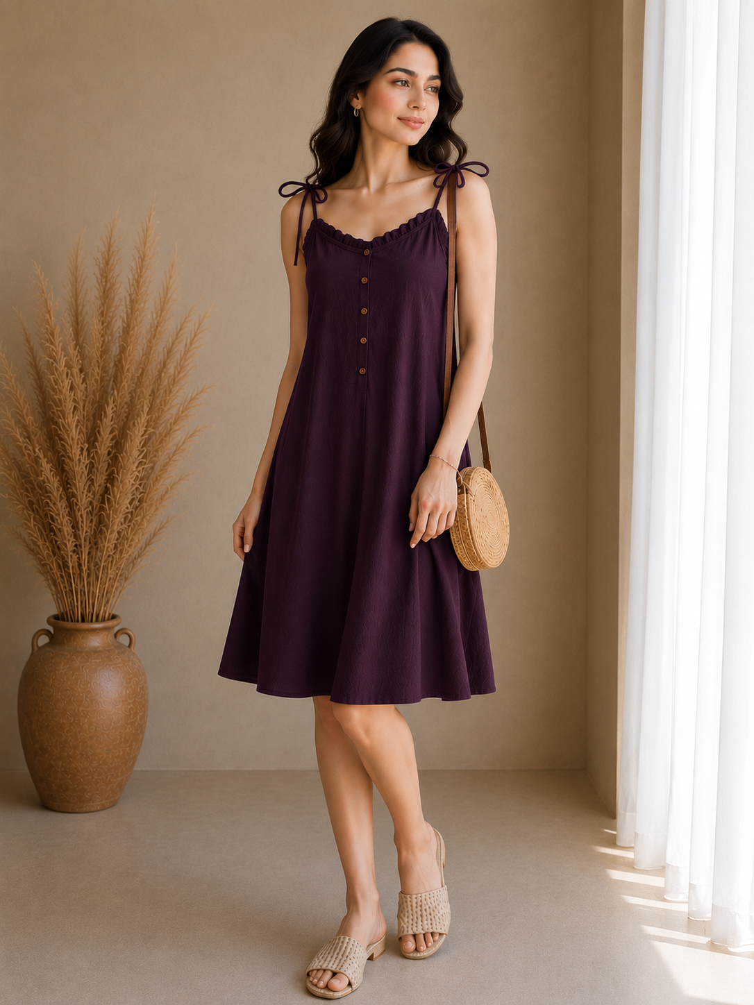 Soft Linen Tie-Shoulder Button Front Maxi Knee Length Dress SBS-5