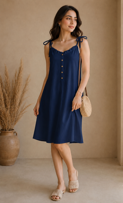Soft Linen Tie-Shoulder Button Front Maxi Knee Length Dress SBS-5
