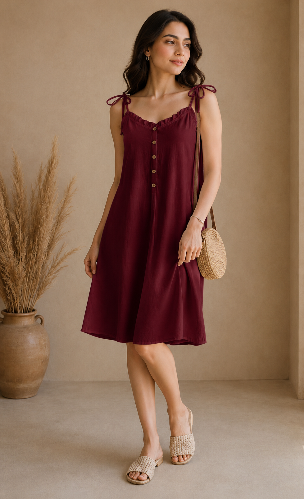 Soft Linen Tie-Shoulder Button Front Maxi Knee Length Dress SBS-5