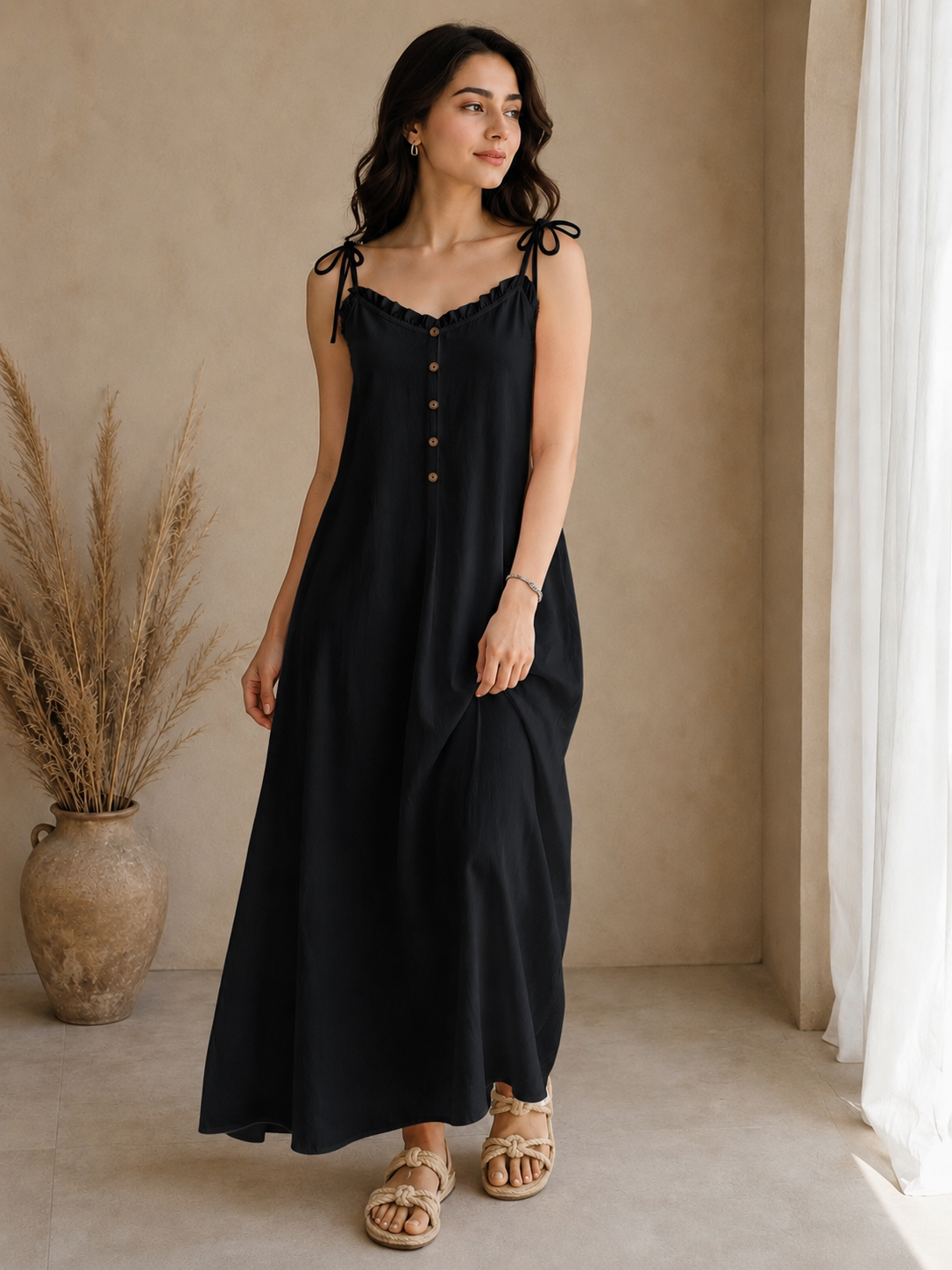 Soft Linen Tie-Shoulder Button Front Maxi Ankle Length Dress SBS-8