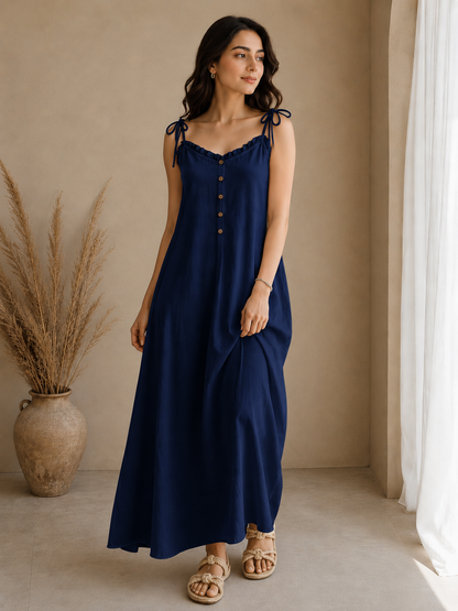 Soft Linen Tie-Shoulder Button Front Maxi Ankle Length Dress SBS-8