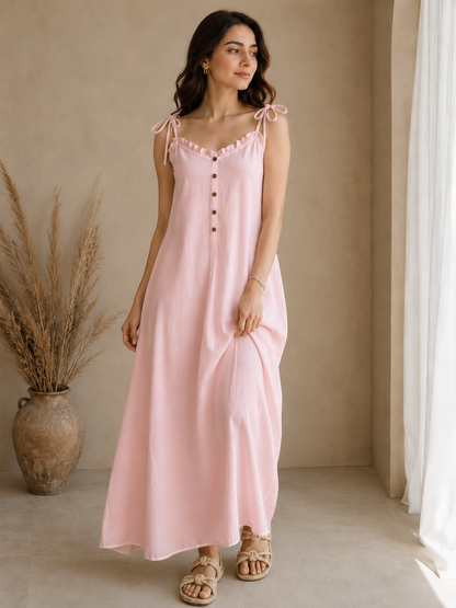 Soft Linen Tie-Shoulder Button Front Maxi Ankle Length Dress SBS-8