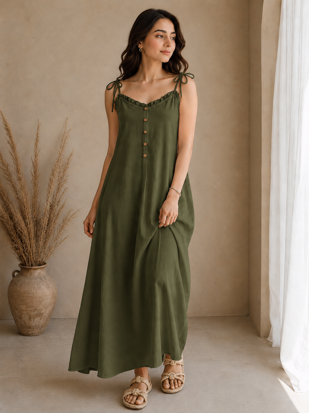 Soft Linen Tie-Shoulder Button Front Maxi Ankle Length Dress SBS-8