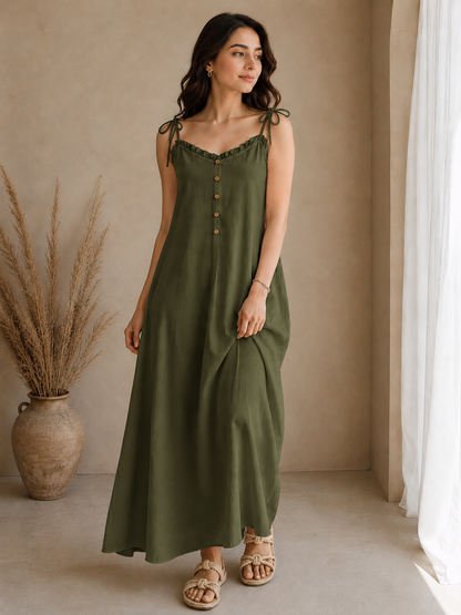 Soft Linen Tie-Shoulder Button Front Maxi Ankle Length Dress SBS-8