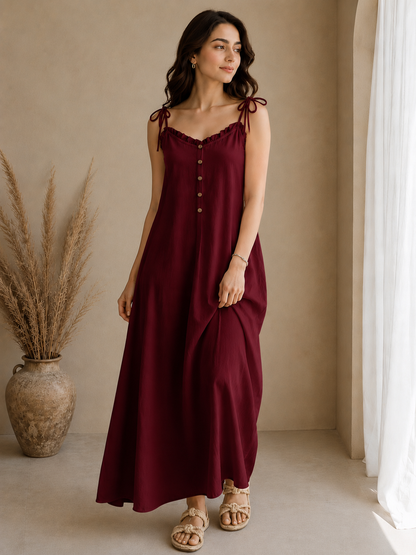Soft Linen Tie-Shoulder Button Front Maxi Ankle Length Dress SBS-8