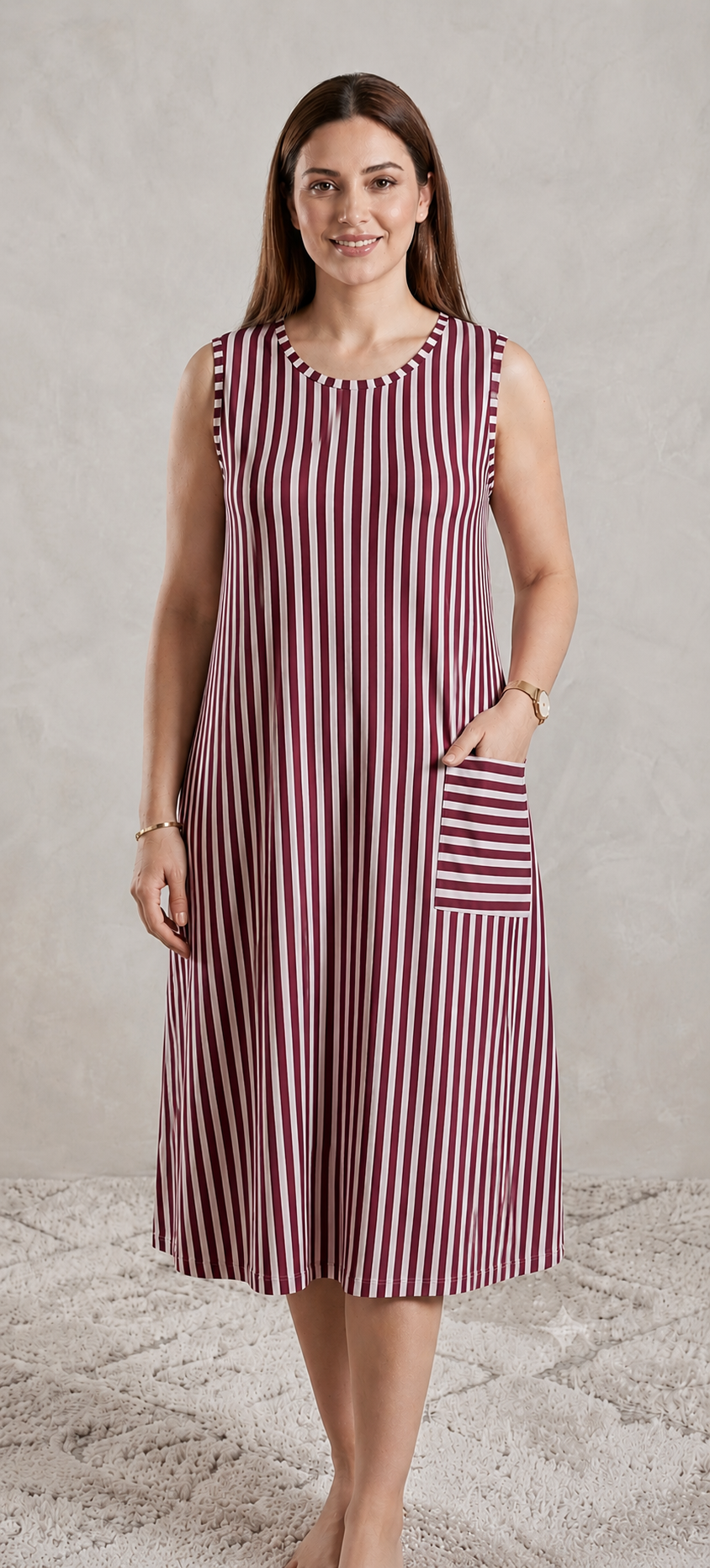 Premium Vertical Stripe Sleeveless Nighty with Pocket SBS-4