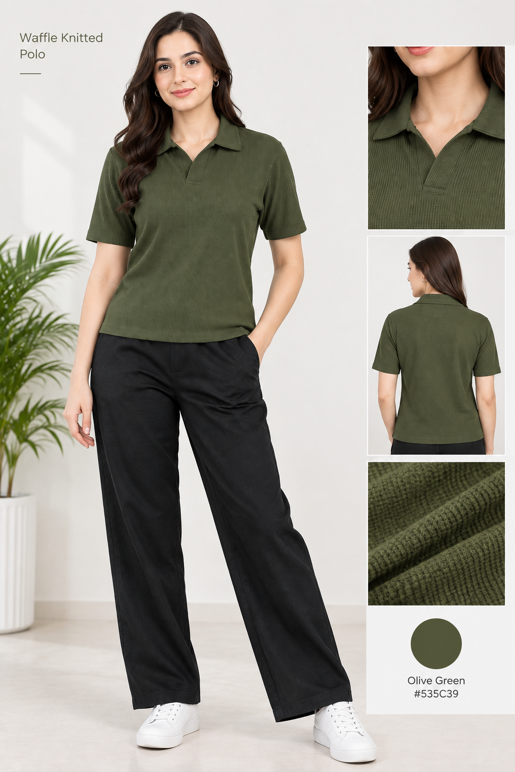 WAFFLE KNITTED POLO - OLIVE