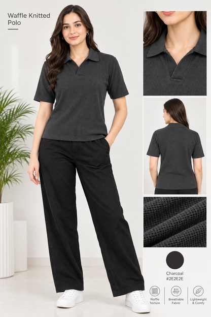 WAFFLE KNITTED POLO - CHARCOAL