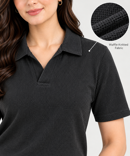 WAFFLE KNITTED POLO - CHARCOAL