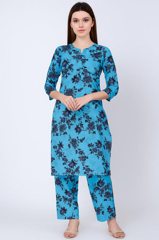 MICRO POLO COTTON- 2 PIECE-Ferozi With Black Flowers US-020