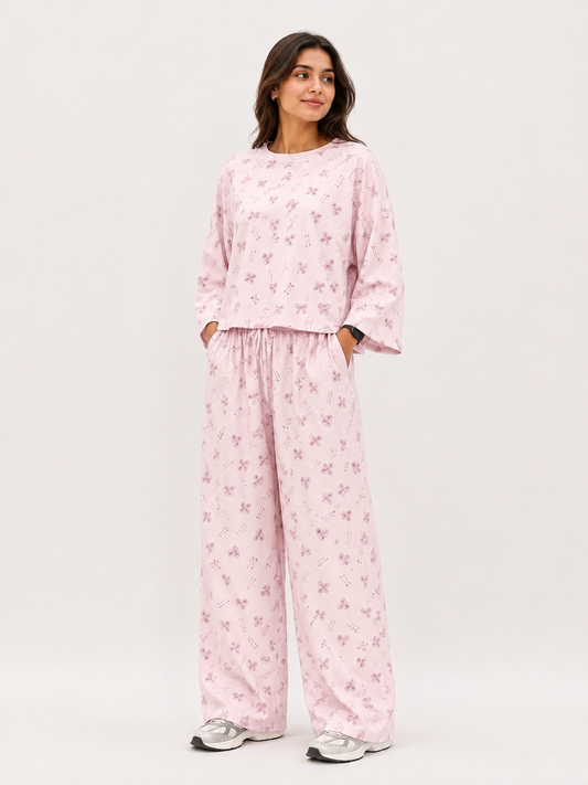 Women's Premium Barbary Fabric Sleepwear Set – Loose Trouser & Short Tee SBSPJ-12