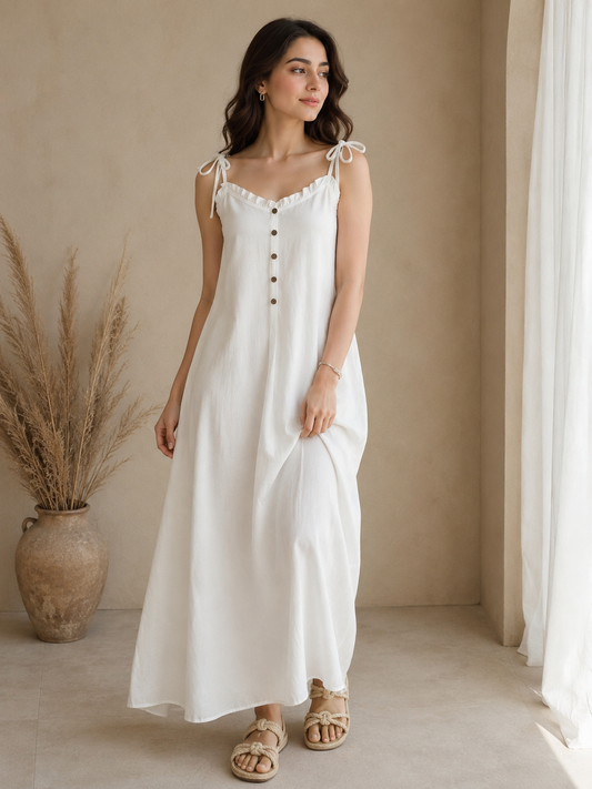 Soft Linen Tie-Shoulder Button Front Maxi Ankle Length Dress SBS-8