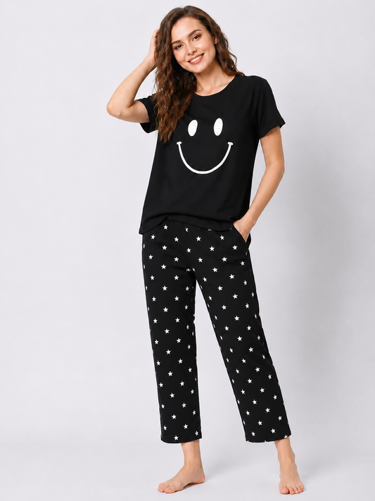 BLACK SMILEY STARE DOT PRINTED NIGHT SUIT (Copy)