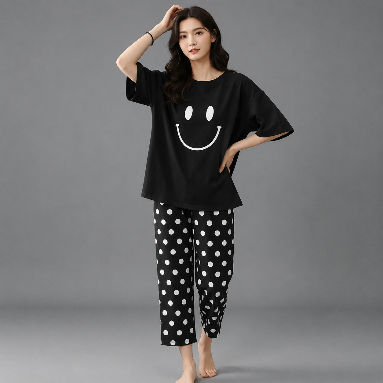 BLACK SMILEY STARE DOT PRINTED NIGHT SUIT