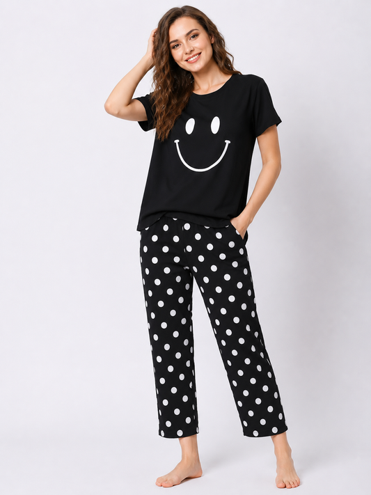 BLACK SMILEY POLKA DOT PRINTED NIGHT SUIT (Copy)