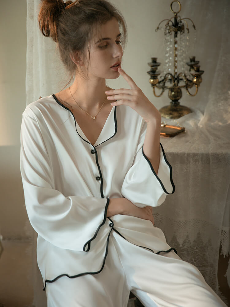 22 Momme Wavy Piped Button-Up Silk Pajama Set for Women