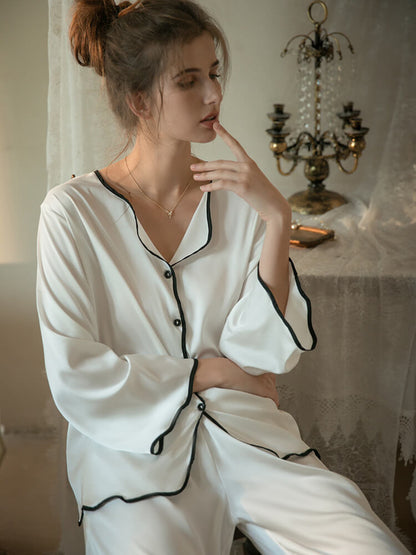 22 Momme Wavy Piped Button-Up Silk Pajama Set for Women