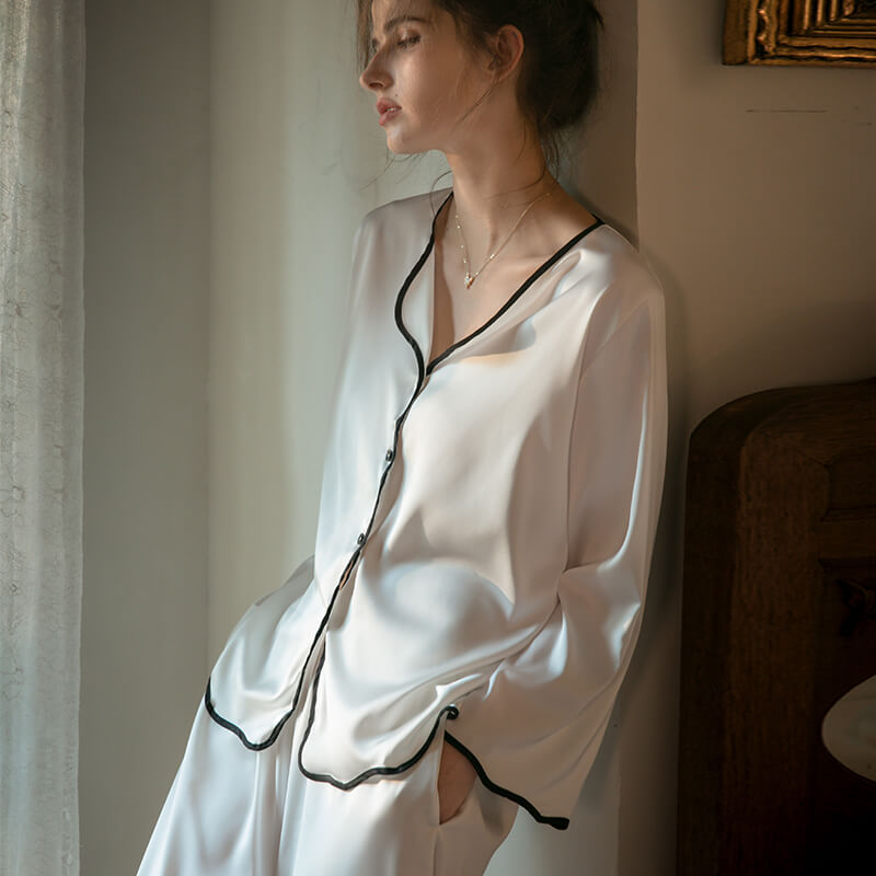 22 Momme Wavy Piped Button-Up Silk Pajama Set for Women