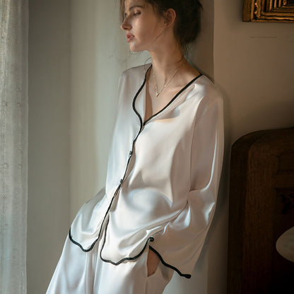 22 Momme Wavy Piped Button-Up Silk Pajama Set for Women