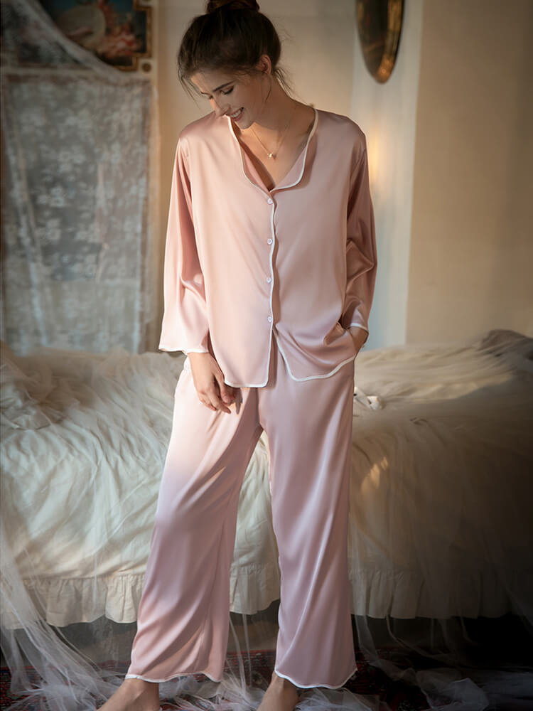 22 Momme Wavy Piped Button-Up Silk Pajama Set for Women