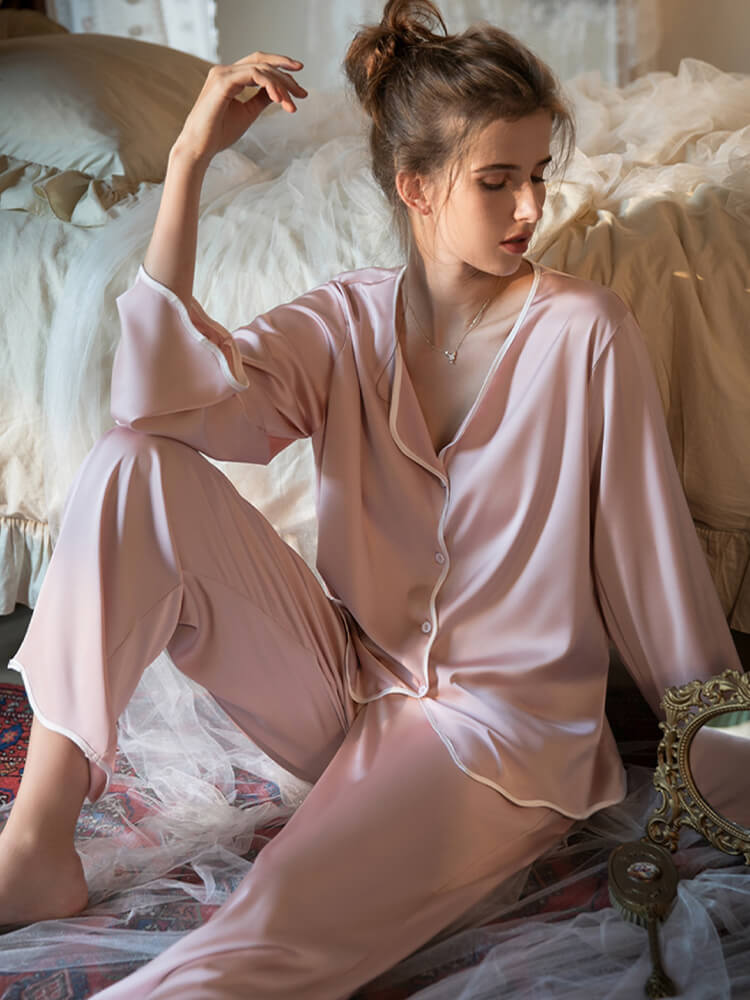 22 Momme Wavy Piped Button-Up Silk Pajama Set for Women