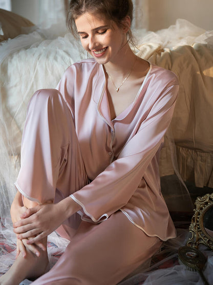 22 Momme Wavy Piped Button-Up Silk Pajama Set for Women