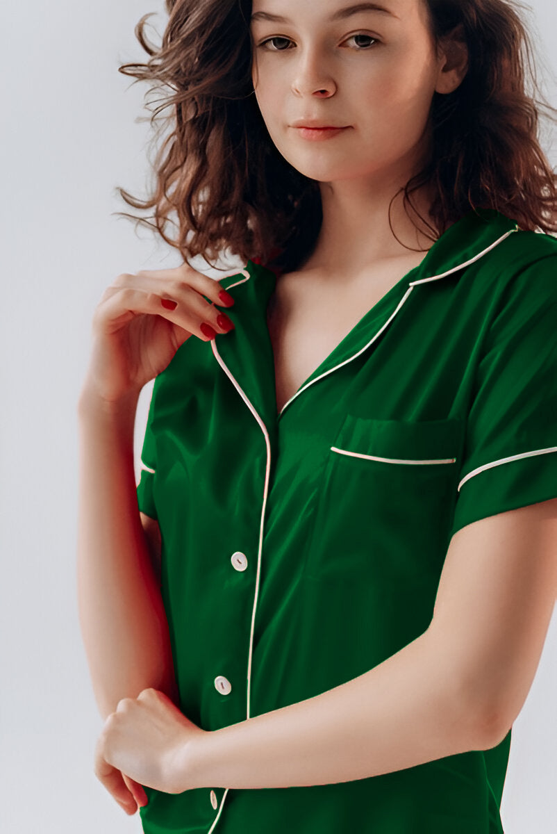 BUTTON DOWN SILK WITH SHORT - BOTTLE GREEN