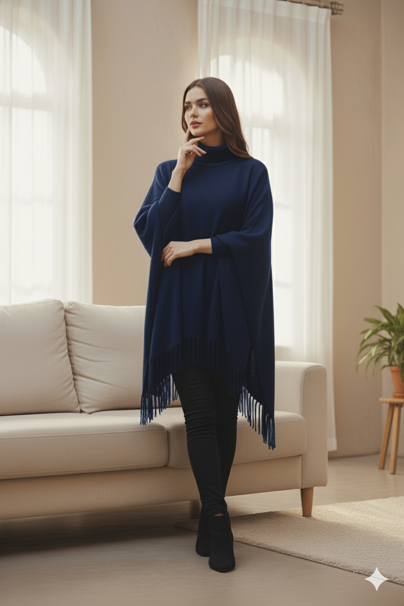 PLAIN PONCHO - NAVY BLUE