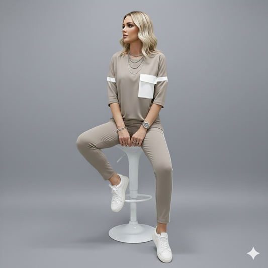 BIEGE WITH WHITE STRIPE TRACKSUIT