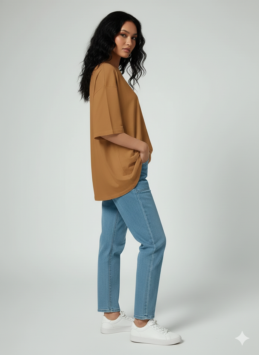 DROP SHOULDER T-SHIRT - CAMEL BROWN