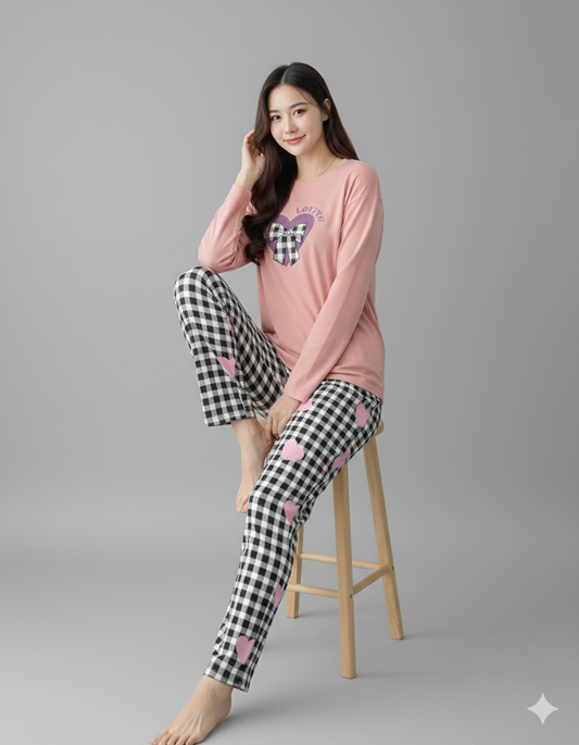 CHECKERED HEART- PINK PRINTED NIGHT SUIT