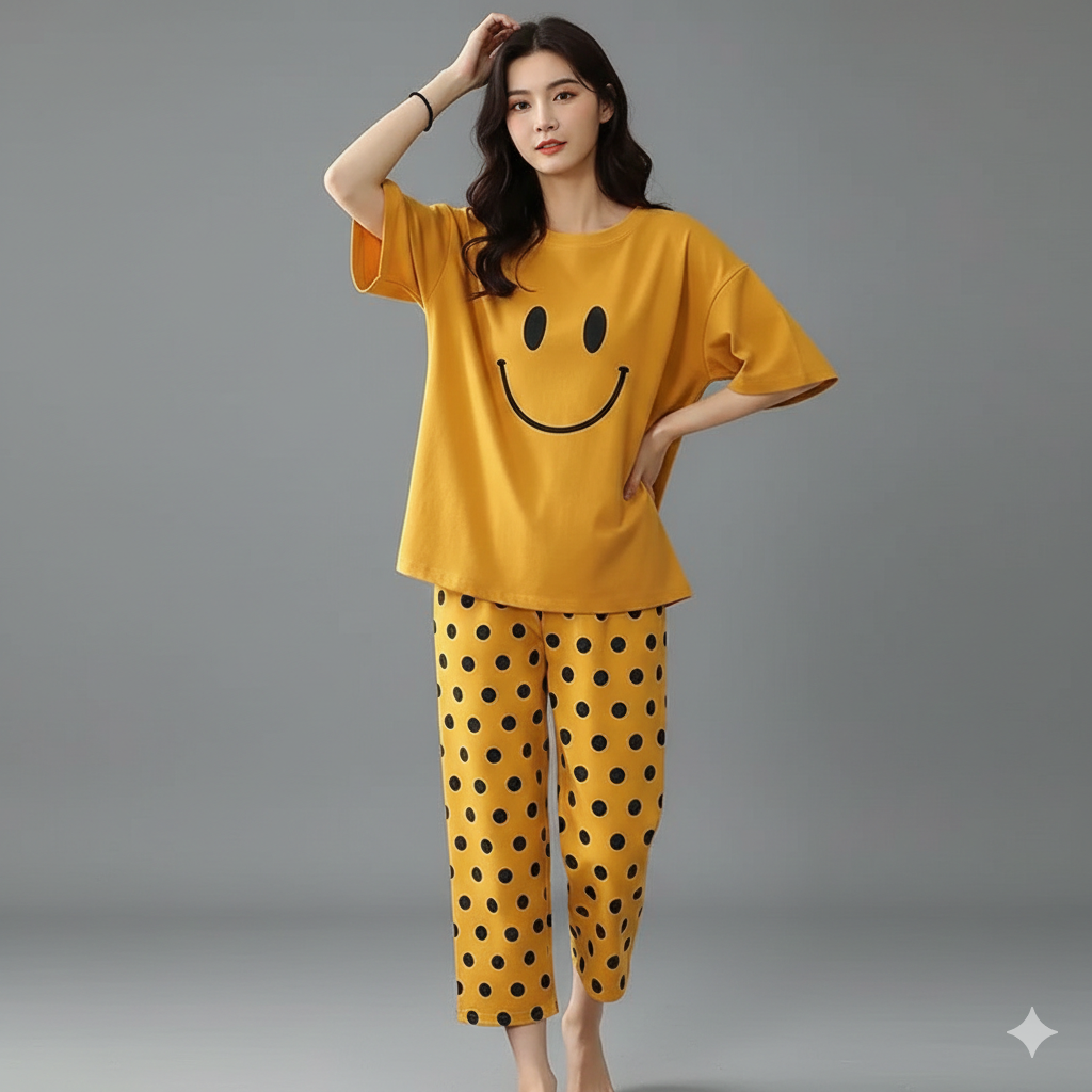 MUSTARD SMILEY POLKA DOT PRINTED NIGHT SUIT