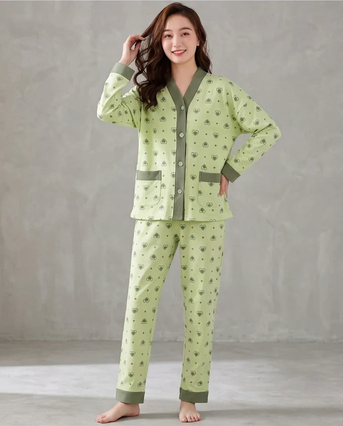 Olve Green Multi Hearts Printed V-Neck Button PJ Set