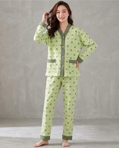 Olve Green Multi Hearts Printed V-Neck Button PJ Set