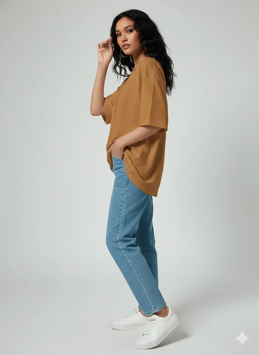DROP SHOULDER T-SHIRT - CAMEL BROWN