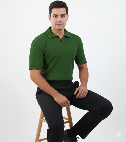 WAFFLE KNITTED POLO - OLIVE