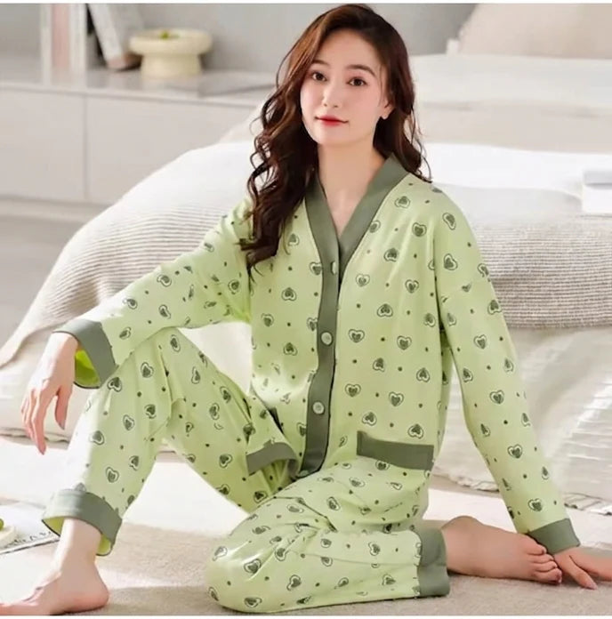 Olve Green Multi Hearts Printed V-Neck Button PJ Set
