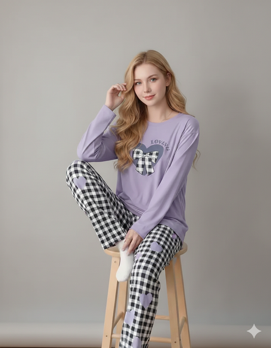 CHECKERED HEART-LILAC PRINTED NIGHT SUIT