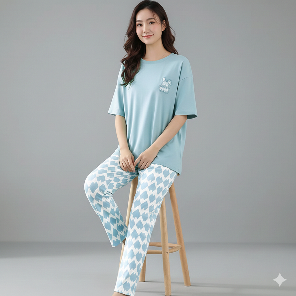 SR-SKYBLUE MOTION PRINTED NIGHT SUIT
