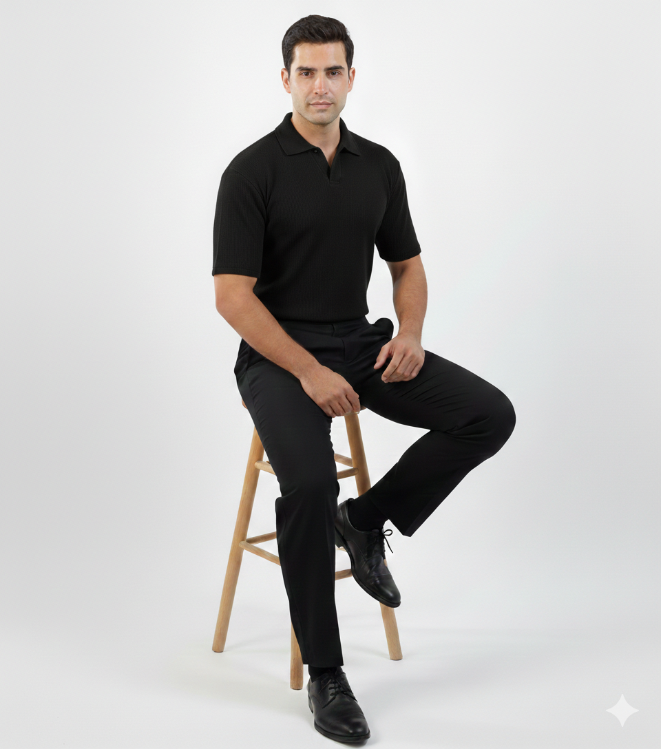 WAFFLE KNITTED POLO - BLACK